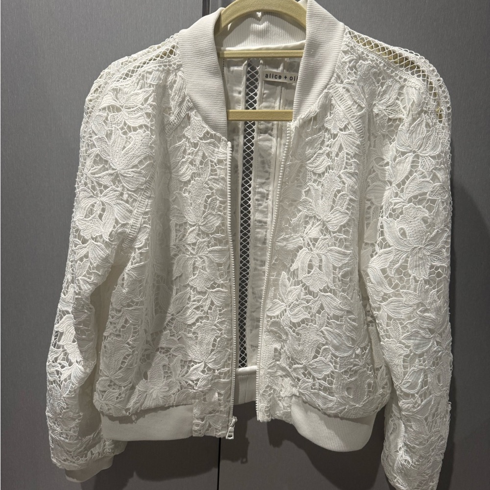 Alice + Olivia Ivory Lace Bomber Jacket